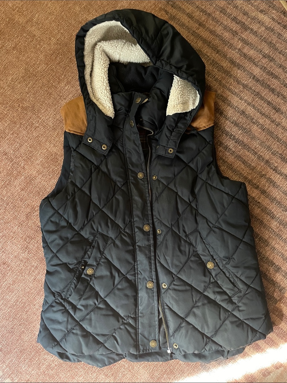 H&M Black Quilted Hooded Vest with Tan Shoulder Detail